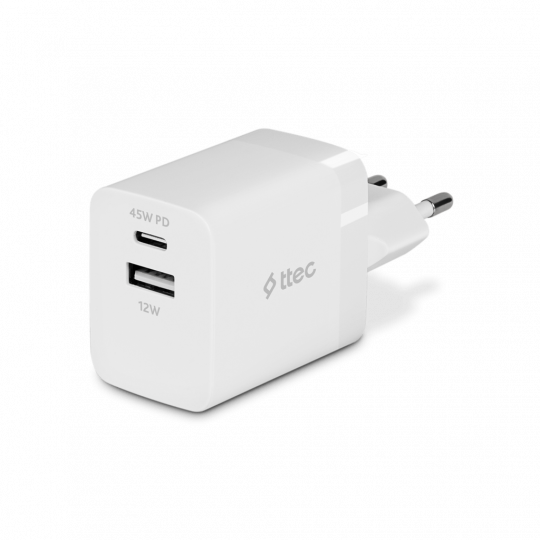 ttec SmartCharger Duo PD 45W Travel Fast Charger USB-C+USB-A 2SCP02S
